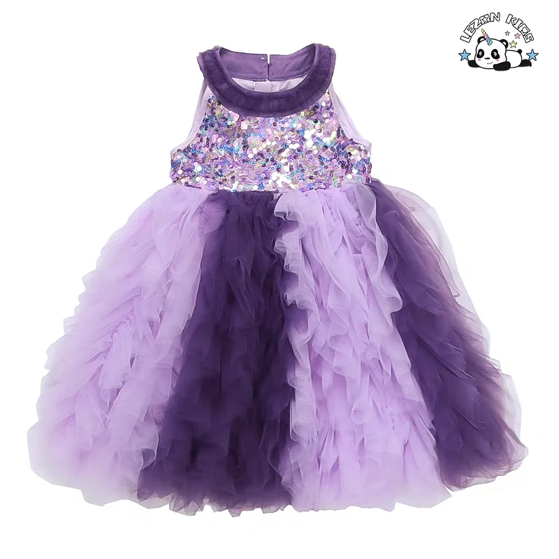LEZONKIDS - Vestido de Princesa Sequado Personalizado para Crianças sem Mangas com Bloco de Cores em Tule